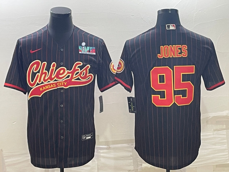 Kansas City Chiefs #95 Chris Jones Black With Super Bowl LVII Patch Cool Base Stitched Baseball Jersey