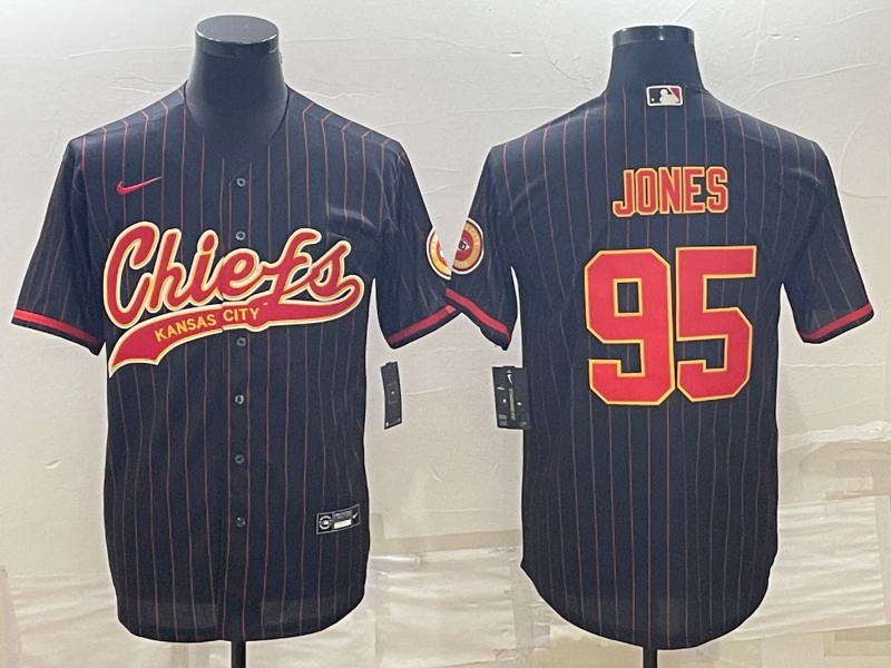 Kansas City Chiefs #95 Chris Jones Black With Patch Cool Base Stitched Baseball Jersey