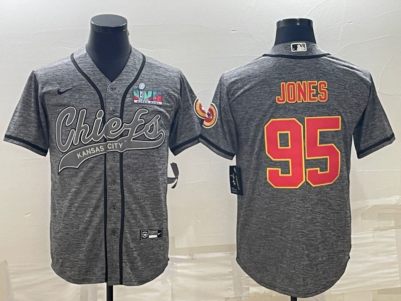 Kansas City Chiefs #95 Chris Jones Grey With Super Bowl LVII Patch Cool Base Stitched Baseball Jersey