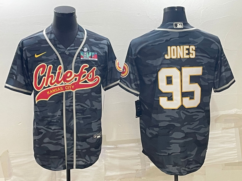 Kansas City Chiefs #95 Chris Jones Grey Camo With Super Bowl LVII Patch Cool Base Stitched Baseball Jersey