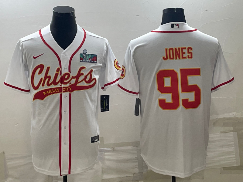Kansas City Chiefs #95 Chris Jones White With Super Bowl LVII Patch Cool Base Stitched Baseball Jersey