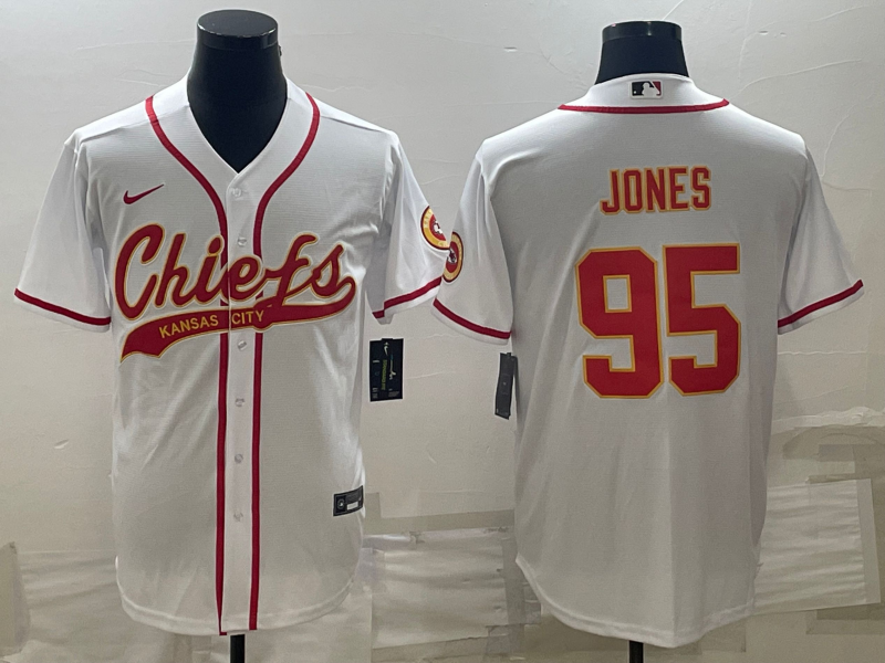 Kansas City Chiefs #95 Chris Jones White With Patch Cool Base Stitched Baseball Jersey