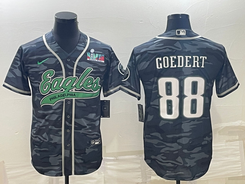 Philadelphia Eagles #88 Dallas Goedert Grey Camo With Super Bowl LVII Patch Cool Base Stitched Baseball Jersey