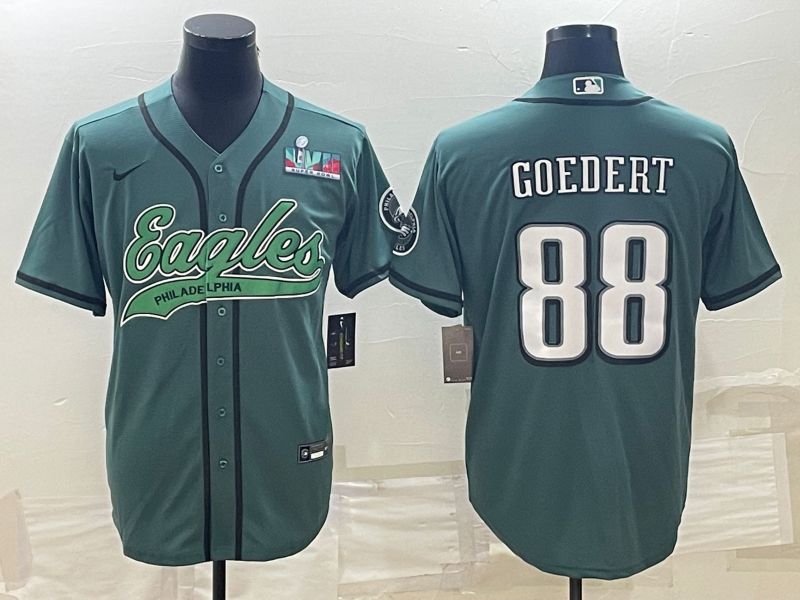 Philadelphia Eagles #88 Dallas Goedert Green With Super Bowl LVII Patch Cool Base Stitched Baseball Jersey