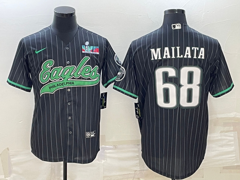 Philadelphia Eagles #68 Jordan Mailata Black With Super Bowl LVII Patch Cool Base Stitched Baseball Jersey