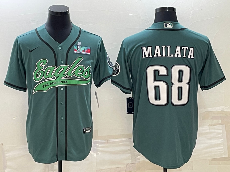 Philadelphia Eagles #68 Jordan Mailata Green With Super Bowl LVII Patch Cool Base Stitched Baseball Jersey