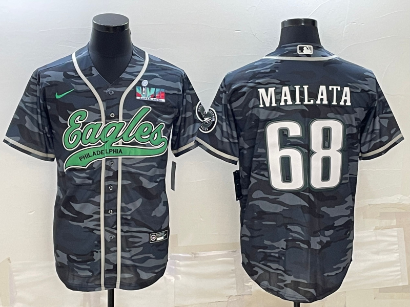 Philadelphia Eagles #68 Jordan Mailata Grey Camo With Super Bowl LVII Patch Cool Base Stitched Baseball Jersey