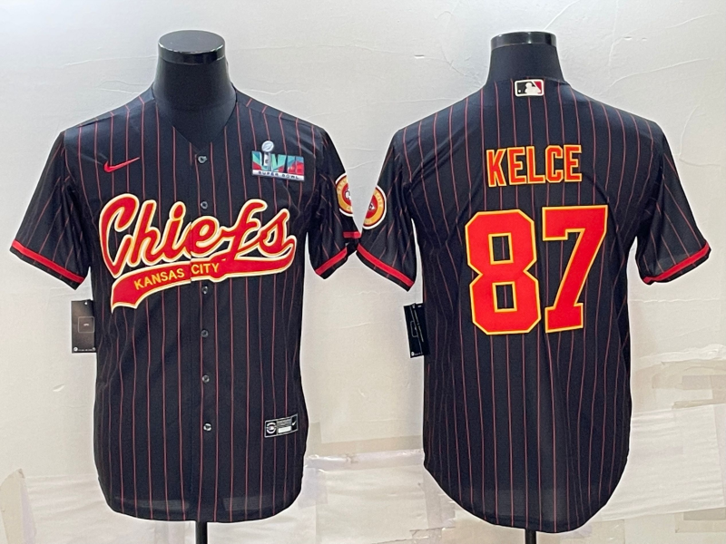 Kansas City Chiefs #87 Travis Kelce Black With Super Bowl LVII Patch Cool Base Stitched Baseball Jersey