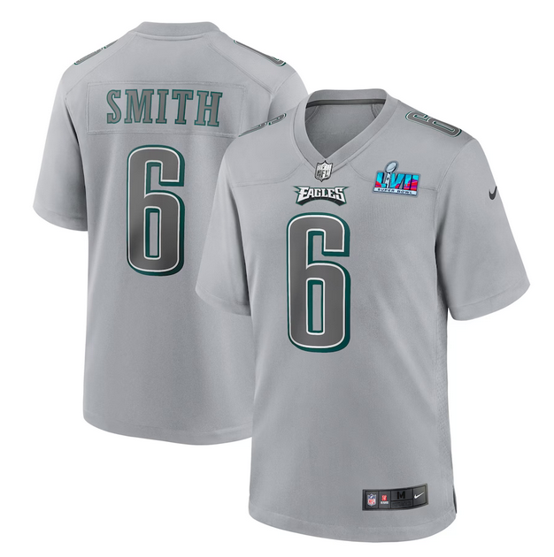 Philadelphia Eagles #6 DeVonta Smith Grey Super Bowl LVII Patch Atmosphere Fashion Stitched Game Jersey