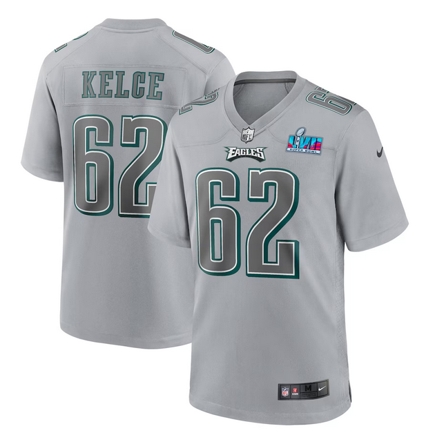 Philadelphia Eagles #62 Jason Kelce Grey Super Bowl LVII Patch Atmosphere Fashion Stitched Game Jersey