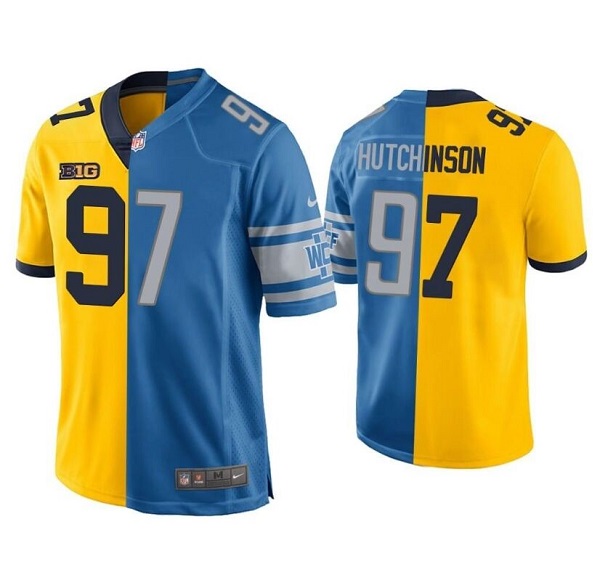 Detroit Lions #97 Aidan Hutchinson Yellow Blue Split Stitched Game Jersey