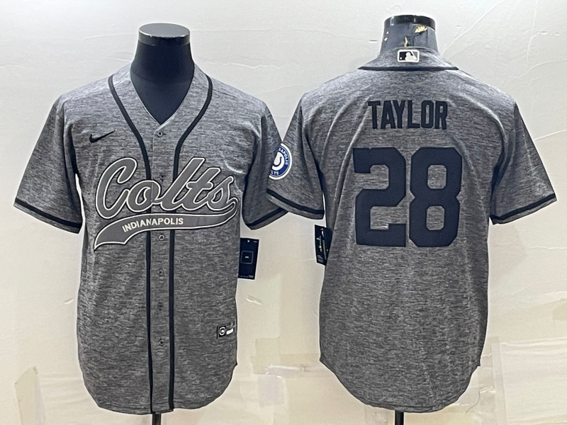 Indianapolis Colts #28 Jonathan Taylor Grey With Patch Cool Base Stitched Baseball Jersey